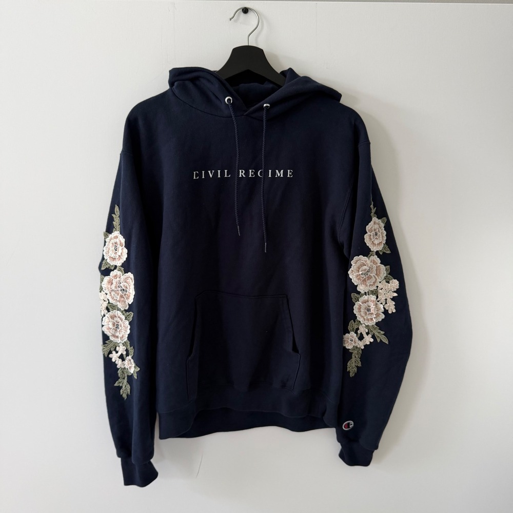 Civil Regime x Champion Floral Embroidered Navy Hoodie Mens Medium S700 NY